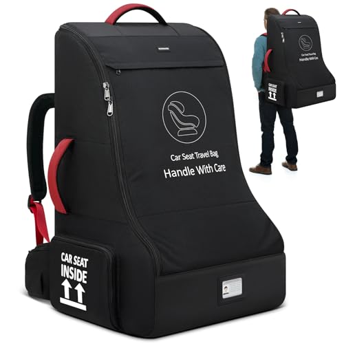 RAINSMORE Padded Car Seat Travel Bag for Airplane Heavy Duty Car Seat Backpack for Air Travel Baby Carseat Cover Bags for Airport Large Car Seats Carrier Fits Car Seats & Booster Seats, Black