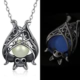 Cute Bat Necklace Sterling Silver Glowing in The Dark Animal Pendant Little Witchy Halloween Jewelry Gift for Women(Black)