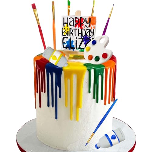 Art Paint Cake Toppers, Qoadwem Art Painting Cake Toppers Paint Cake Decorations With Paint Pen Pigment Plate Palette For Kids Birthday Artist Themed Cake Decor