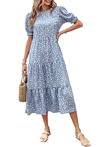 PRETTYGARDEN Women's Summer Casual Boho Dress Floral Print Ruffle Puff Short Sleeve Flowy Midi Beach Party Dresses (Blue,X-Large)