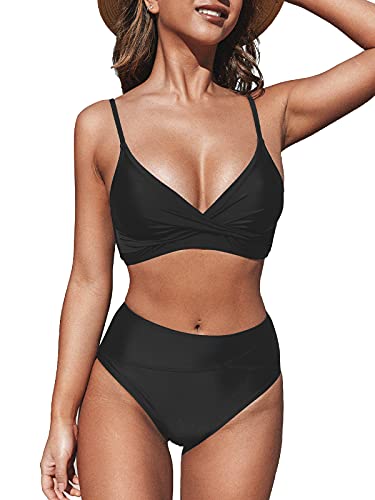 CUPSHE Women's Bikini Sets Two Piece Swimsuit High Waisted V Neck Twist Front Adjustable Spaghetti Straps Bathing Suit, XXL Black