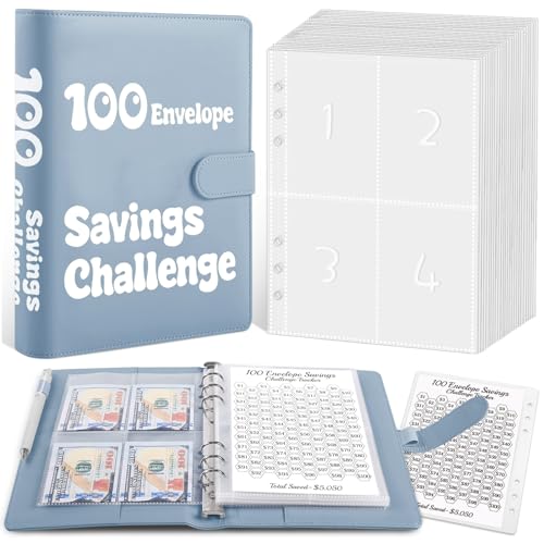 100 Envelopes Money Saving Challenge Binder, A5 Savings Challenges Book with Envelopes & Tracker, Money Saving Binder 100 Pocket Pre-Numbered, Motivational Process to Save $5050, Gray