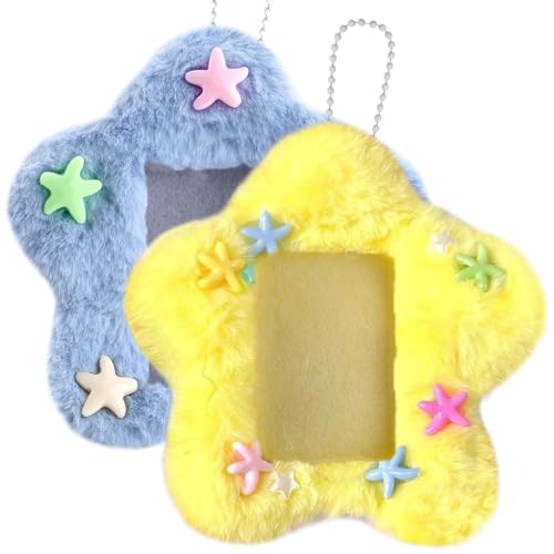 2 Pcs Star Photocard Holder Cute Plush Keychain Pendant 3 Inch Photo Card Holder Student Card Bag ID Card Case Photo Protective Sleeves ID Badge Holder (Blue and Yellow)