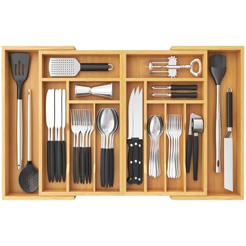 Lifewit Large Silverware Drawer Organizer, Expandable 21.4 to 36 Inches Wide, Bamboo Utensil Tray for Kitchen, Adjustable Flatware and Cutlery Holder for Spoons Forks Knives, 13 Compartments, Natural