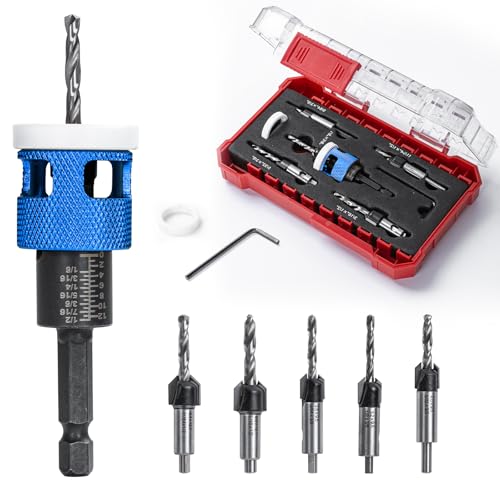 5Pcs Countersink Drill Bit Set w/Adjustable Bit Depth Stop, Woodworking Counter Sink Drill Tools 1/8" 9/64" 5/32" Drill+3/8” 82° Counter-Bore,11/64" 3/16" Drill+ 1/2" 82° Counter Bore,1/4” Hex Shank