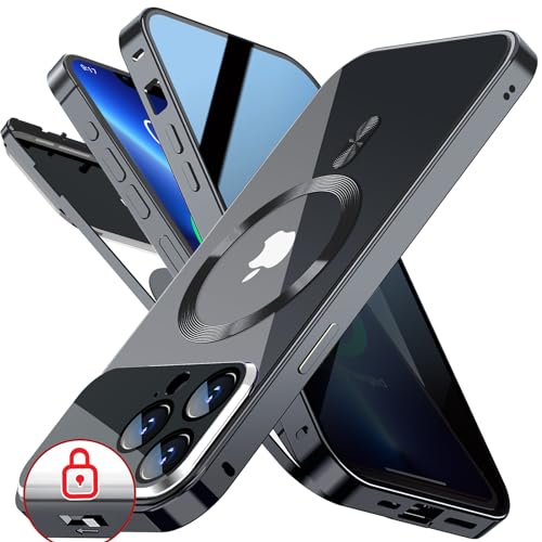 [Full Camera Protection& Mechanical Lock]Magnetic Privacy Case for iPhone 13 Pro Max[Compatible with MagSafe][CD Metal Ring]Full Body Shockproof Metal Bumper, 9H Anti Peeping Glass Cover-Black