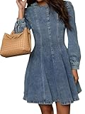 Conshvi Denim Dress for Women 2024 Fall Long Sleeve Crewneck Denim Mini Dress Cute Ruffle Swing A Line Jean Dress, Blue, Large