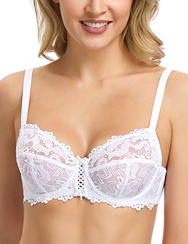 Wingslove Women's Sexy Lace Bra Non Padded Underwire Unlined Bra Full Coverage Plus Size Lace Bralette (White, 34B)