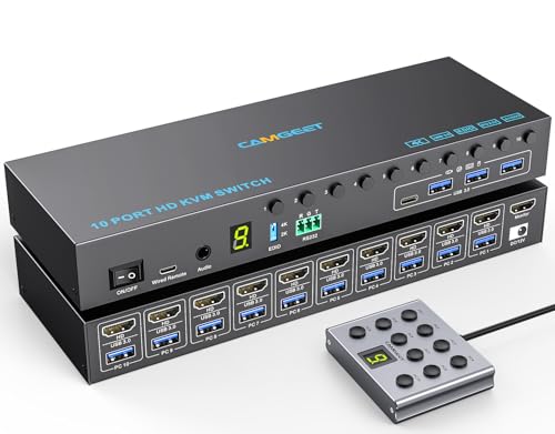 10 Port 8 Port HDMI KVM Switch 4K@60Hz EDID Simulation, USB3.0 KVM Switch HDMI for 10 Computers Share 1 Monitor and 4 USB Devices, KVM Switches with Audio RS232 Wied Remote 12V Power and USB Cable