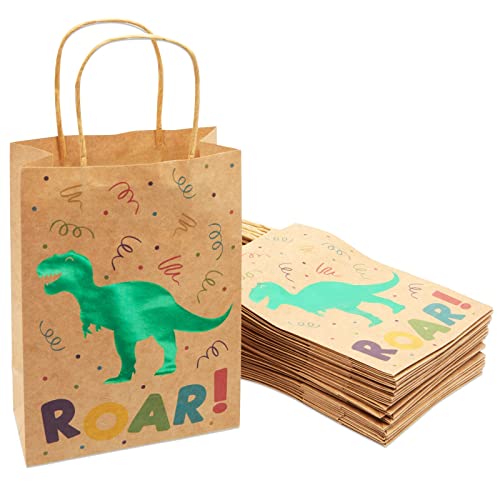 Juvale 24 Pack Dinosaur Party Bags with Handles, Green Foil T-Rex for Kids Birthday Celebration, Dino Themed Baby Shower Favor, Dinosaur Birthday Party Supplies (8.6 x 6.3 X 3.2 In)