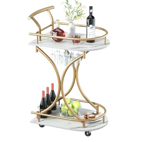 Maiproo Bar Cart with Wheels Handle Rolling Home Bar Serving Carts 2 Tier Curved Anti-Collision Storage Small Trolley with Wine Rack and Glass Holder for Kitchen Dining Room Living Room Gold