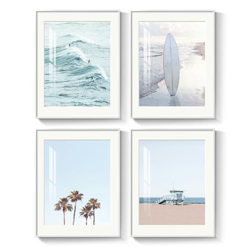 Framed Coastal Beach Wall Art for Living Room, 4 Piece Ocean Wave Palm Tree Surfboard Canvas Artworks, Summer Relaxing Seascape Picture Prints for Bedroom Bathroom Wall Decor, 11x14 Inch