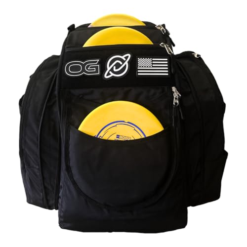 Discology Disc Golf OG Black V3 Disc Golf Bag | 26+ Disc Capacity | Premium Disc Golf Backpack Bag | Durable Design | 2 Large Side Compartments | Three Patches Included