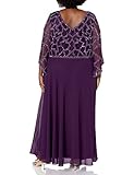 J Kara Women's Plus Size 3/4 Sleeve Geo Beaded Gown, Plum/Mercury/Silver, 18W