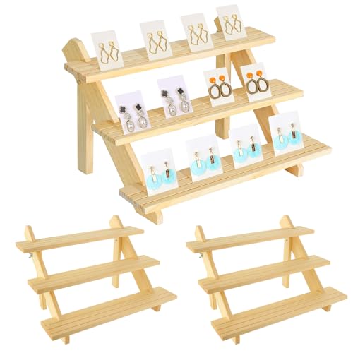 Acrux7 2 Pack 3 Tier Wooden Display Stand, Wooden Earring Display Wood Cupcake Stands, Detachable Wood Tiered Jewelry Card Display Stand with Groove for Jewelry Cupcake Vendors Retail Party Home