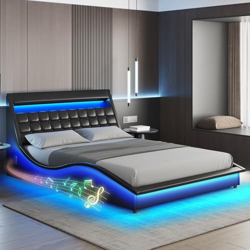 Fameill Queen Size LED Bed Frame with Bluetooth Speaker, PU Leather Upholstered Platform Bed Frame with Charging Station, Modern Wave-Like Curve, Low Profile, Noise Free, No Box Spring Needed, Black