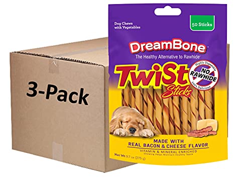 Dreambone Twist Sticks with Real Bacon and Cheese Flavor 50 Count, Rawhide-Free Chews for Dogs (3 Pack)