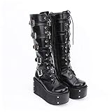 Lorie & Knight Japanese Harajuku Women Black Leather Buckle Straps Lace Up Gothic Punk Cosplay Platform High Boots (Black-3, numeric_9)