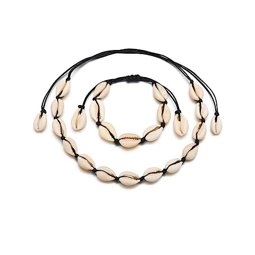 Rrdaily 2Pcs Natural Shell Choker Necklace Bracelet Set for Women,Handmade Adjustable Conch Necklace Bracelet Beach Jewelry Gift (Black)