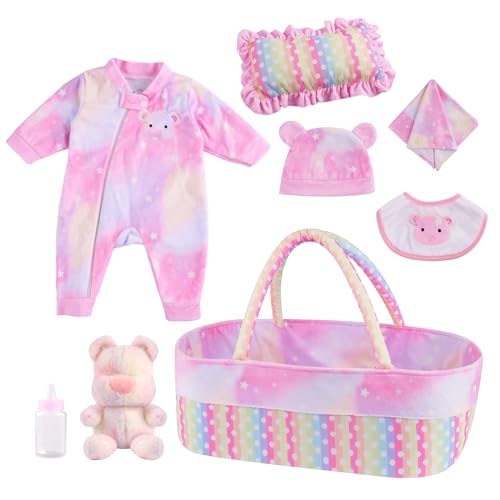 BABESIDE 8 Pcs Reborn Baby Doll Clothes with Bassinet for 17-22 Inch Babydolls, Reborn Baby Doll Accessories fit Newborn Baby Dolls Girls, Colorful Baby Dolls Clothes