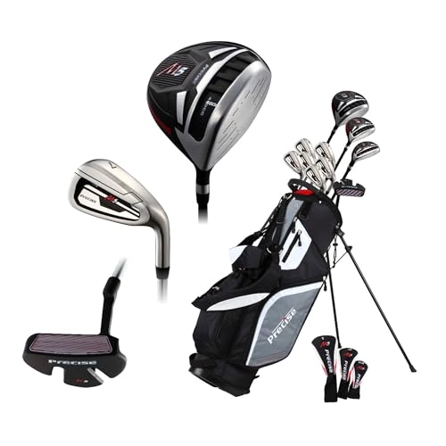 Precise M5 Men's Complete Golf Clubs Package Set Includes Titanium Driver, S.S. Fairway, S.S. Hybrid, S.S. 5-PW Irons, Putter, Stand Bag, 3 H/C's (Left Hand Short Size -1”)