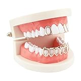 Huliyhus 18K Gold Plated Hip Hop Teeth Grillz Caps Open Face 2pcs Single Top and Bottom Grills for Your Teeth Grillz Set for Men Women (Rose Gold)