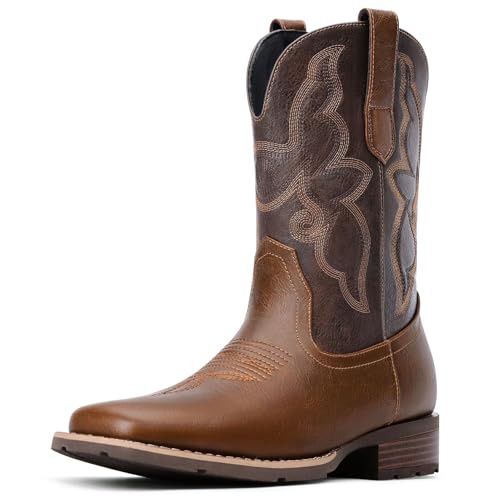 Dixhills Cowboy Boots For Men - Western Boot Men's Cowboy Boots With Square Toe | Cowboy Western Boot | Pull-on Old West Style Embroidered Size 8 Brown