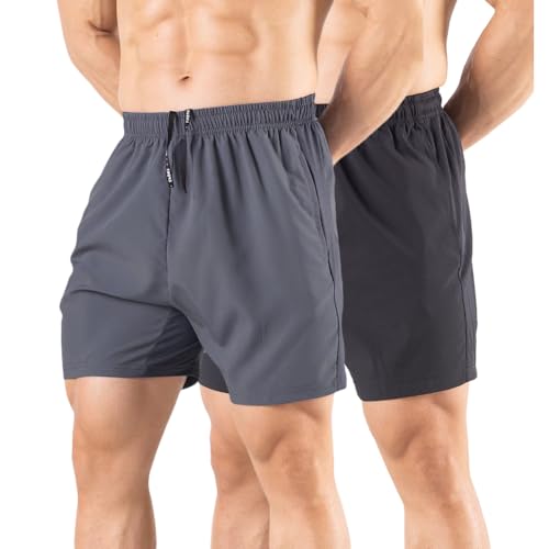 Gaglg Men's 5" Running Shorts 2 Pack Quick Dry Athletic Workout Gym Shorts with Zipper Pockets Black/Dark Grey,Large