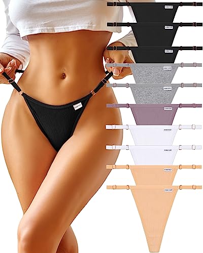 FINETOO 10 Pack Adjustable G String Thongs for Women Sexy Underwear Low Rise Womens Thong Cotton Panties for Ladies S-XL