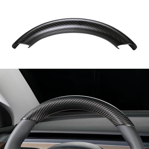 JSWAN Real Carbon Fiber Steering Wheel Cover for Tesla Model 3 2017 to 2023 Model Y 2020 to 2024 Steering Wheel Trim Cover Steering Wheel Wrap Protector Interior Accessories (Matte Black Upper Part)