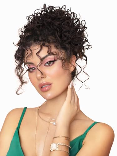 ALXNAN Messy Hair Bun Hair Piece for Women Elastic Drawstring Loose Wave Curly Buns Short Dark Brown Synthetic Ponytail Extension Hair Bun Extensions Thick Updo Hairpieces for Women Daily Use.