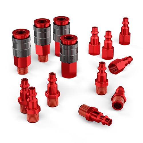 OHITOX Universal Air Hose Fittings, 1/4 Inch NPT Quick Connect Air Coupler and Plug Kit, Aluminum Air Compressor Fitting Set, Industrial Pneumatic Air Tool Adapter Accessories - 14 Pieces Red