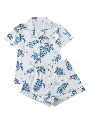 WDIRARA Women's 2 Piece Sea Turtle Graphic Pajama Set Button Down Short Sleeve Shorts Loungewear Pjs Sets White and Blue Small