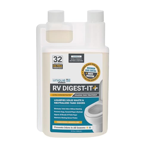 Unique RV Digest-It+ Extra-Strength Ultra-Concentrate - 32 RV Toilet Treatments - Eliminates Smells and Liquifies Waste (32 oz)