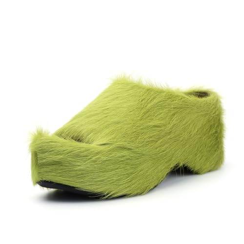 XOBZJH Long-Hair Calfskin Chunky Clog Slide for Women - Memory Foam Luxury Slip on Shoes Women's Mules & Platform Clogs,Designer Mules for Women 2024 Green
