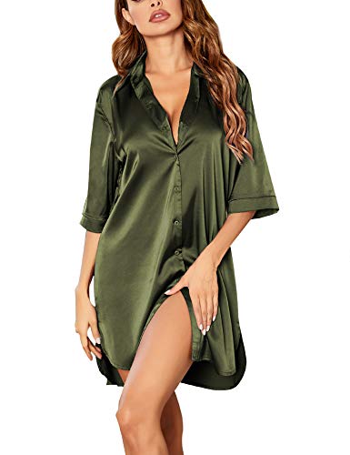 Ekouaer Satin Night Dress for Women Silk Nightgown Comfy Nighty for Women Nightwear Green S