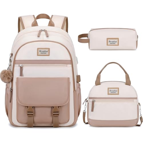 Bevalsa Backpack for Girls, School Backpacks for Girls, Kids Backpack with Lunch Box & Pencil Pouch for Teens Girl Kids Elementary Middle High School College Student Bookbag Daypack (Khaki Beige)