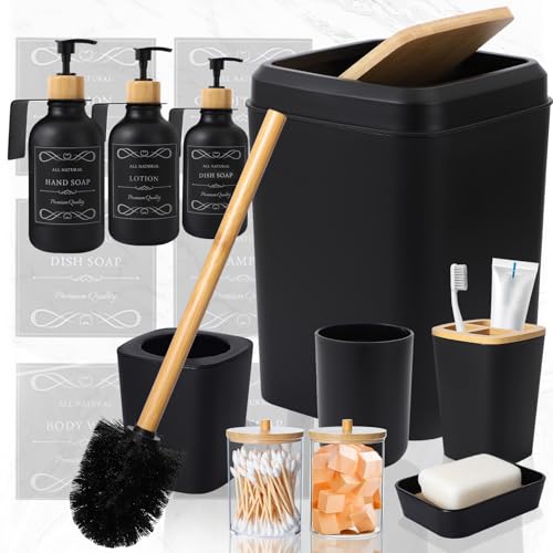 XLHOMO Black and Wood Bathroom Accessories Set 19Pcs, Bathroom Set with Trash Can and Toilet Brush, 3PCS Drill Free 17oz Soap Dispenser Wall Mounted, Toothbrush Holder and Cup, Soap Dish, Qtip Holder