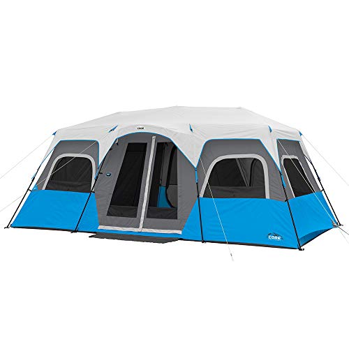 CORE 12 Person Instant Cabin Tent with LED Lights | Large 3 Room Family Lighted Pop Up Tent for 2 Minute Camp Setup | Included Storage Pockets for Camping Accessories