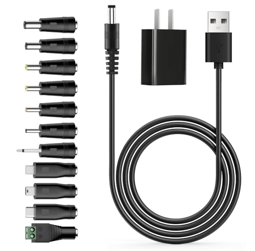 5V 1A Multifunction Charger Power Core, USB to DC Charging Cable Set with Adapter & 11 Connectors (Micro-USB, Type-C, Mini USB, 5.5x2.1, 2.5x0.7, 3.0x1.1, 3.5x1.35, 4.0x1.7, 4.8x1.7, 5.5x2.5) 3.3FT