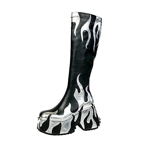 HiColor women’s side zipper high heeled silver Flames printing thick sole boots high boots round toe boots(BLACK US9)