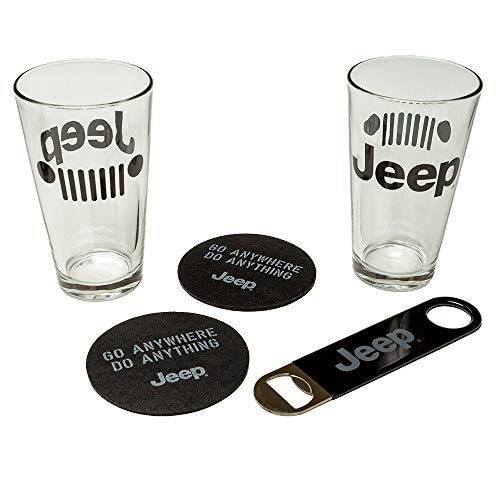 Detroit Shirt Company Jeep Pint Glass Gift Set – 2 Glasses, Recycled Tire Coasters, Bottle Opener – Off-Road Jeep Gift for Men – Licensed Set