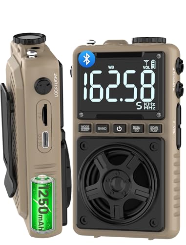 Bluetooth AM FM Shortwave Radio with NOAA Weather Alert,1250mAh Rechargeable Portable Pocket Radio with Best Reception,5W Big Speaker, Digital Tuner and Earphone,Support SD Card and USB Player（Brown）