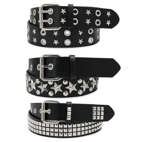 AEXHOT 3 Pcs Black Studded Belt Y2K Belt Star Gothic Punk Rock Belts with Grommet Threads Bright Metal Pyramid for Women Men