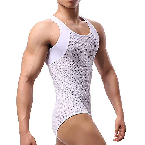 WMIERFI Men's Breathable Mesh Tank Top One Piece Wrestling Singlet Bodysuit Jumpsuit Leotard Briefs Underwear (M, White-2)