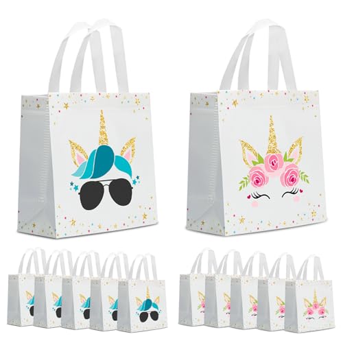 KERINGO 24 PCS Party Favor Bags for Unicorn with Handles Reusable Non Woven Goodie Bags Pink Blue Candy Treat Gift Bag for Unicorn Girls Kids Party Supplies