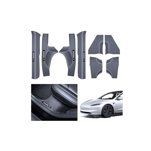 cybtkcar 2025 8PCS Tesla Door Sill Protector for Model 3 2024 2025 Highland, Carbon Fiber Door Sill Scuff Plate Edge Guard, Front and Rear Door Entry Guard Scuff Plate Carpet Front Rear Sill