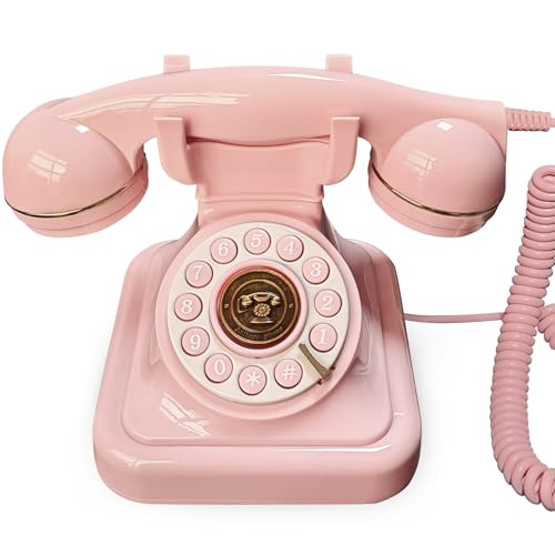 FiayaCom Vintage Landline Phone, Classic Exterior Design, Retro Desk Corded Dial Telephone, with Redial Function, Clear Sound for Home School Office（Sakura Pink）