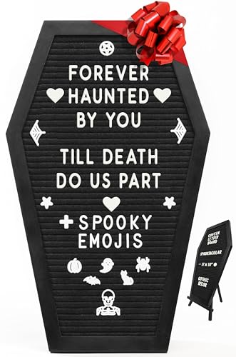 Coffin Letter Board Black - Spooky & Seasonal Emojis +550 Characters, Wooden Stand 17x10.5 Inch - Goth Valentines Gifts Coffin Shaped Witchy Halloween Decorations Gothic Valentines Decor Spooky Wedding