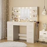 Furmax Vanity Desk with Mirror, LED Lights and Power Outlet Makeup Vanity Table with 7 Drawers and 6 Storage Shelves Dressing Table for Bedroom Dressing Room (White)